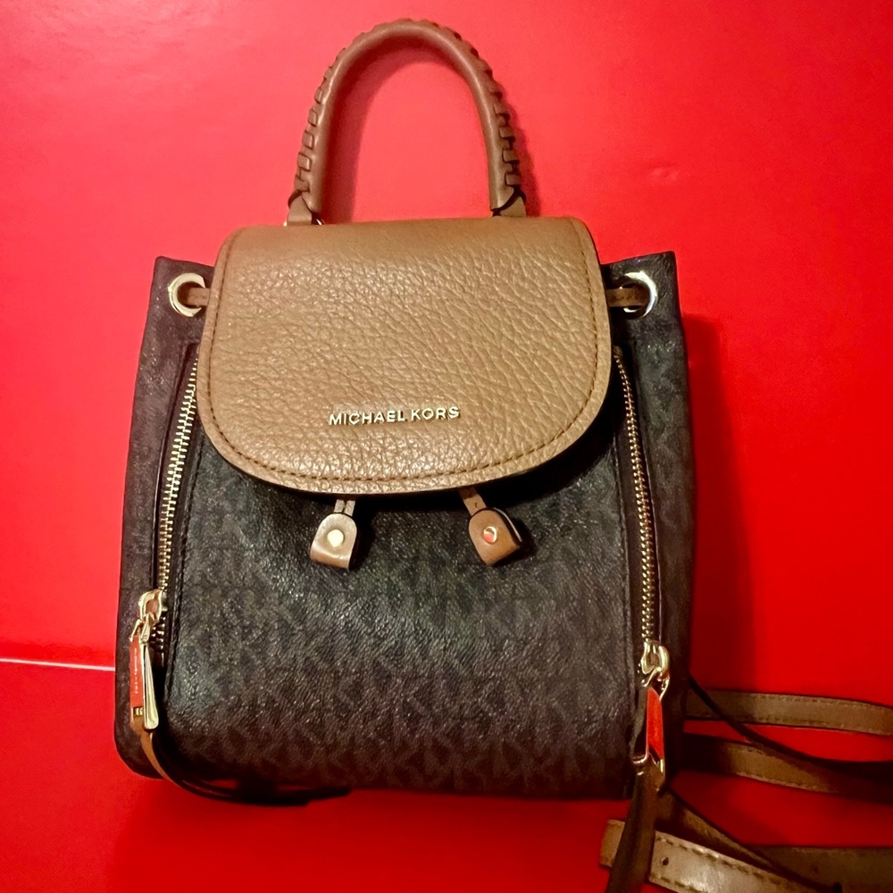 Michael Kors Tan and Black Backpack with Gold Details